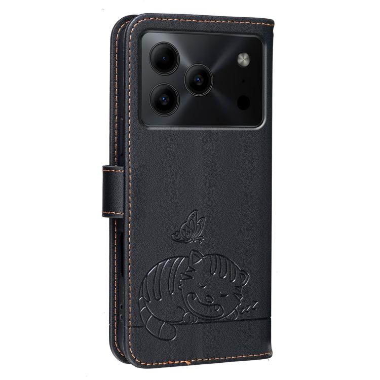 For DOOGEE Note 56 Cat Butterfly Embossed RFID Vegan Leather Phone Case with Strap