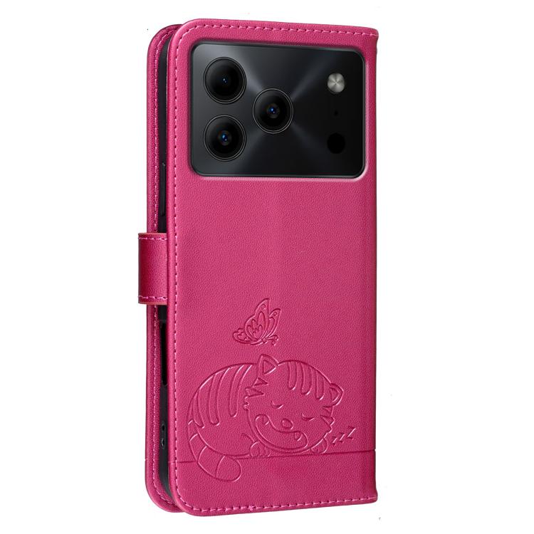 For DOOGEE Note 56 Cat Butterfly Embossed RFID Vegan Leather Phone Case with Strap