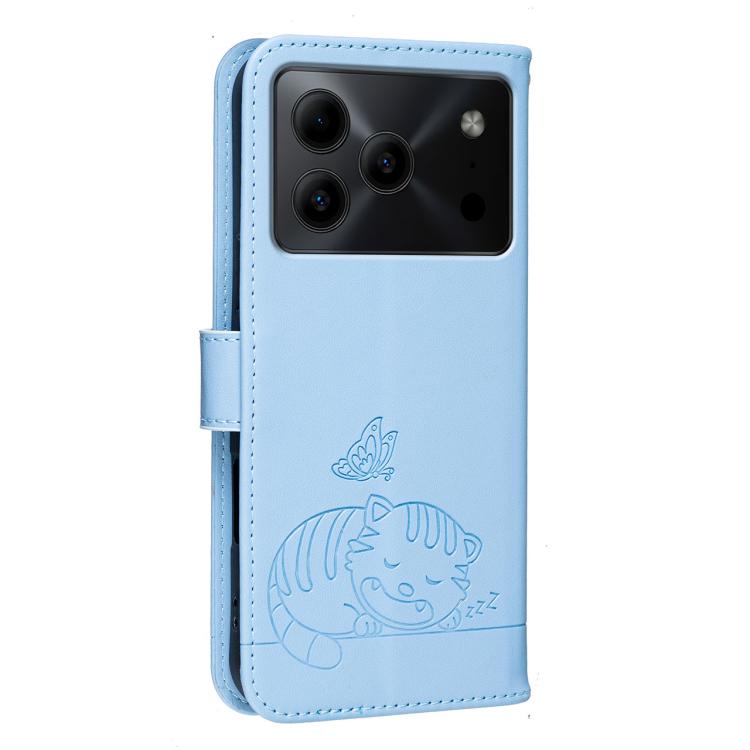 For DOOGEE Note 56 Cat Butterfly Embossed RFID Vegan Leather Phone Case with Strap