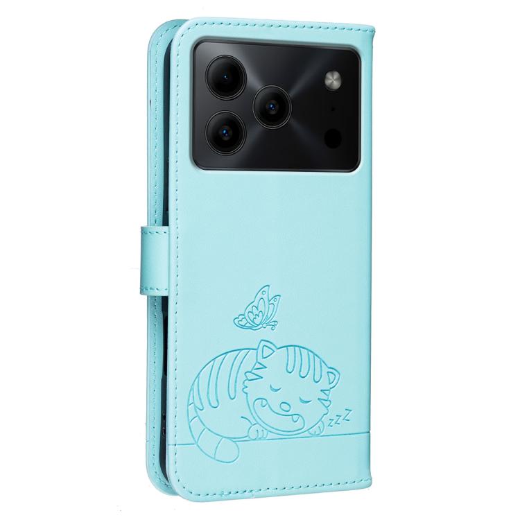 For DOOGEE Note 56 Cat Butterfly Embossed RFID Vegan Leather Phone Case with Strap