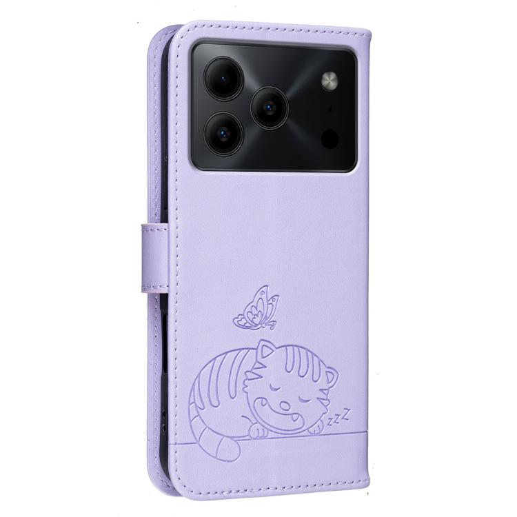 For DOOGEE Note 56 Cat Butterfly Embossed RFID Vegan Leather Phone Case with Strap