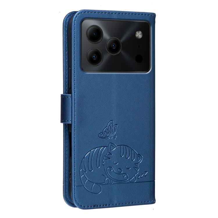 For DOOGEE Note 56 Cat Butterfly Embossed RFID Vegan Leather Phone Case with Strap