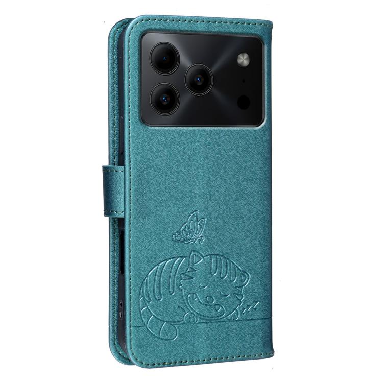 For DOOGEE Note 56 Cat Butterfly Embossed RFID Vegan Leather Phone Case with Strap