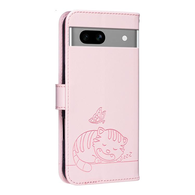 For Google Pixel 7a Cat Butterfly Embossed RFID Vegan Leather Phone Case with Strap