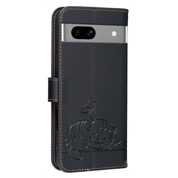 For Google Pixel 7a Cat Butterfly Embossed RFID Vegan Leather Phone Case with Strap
