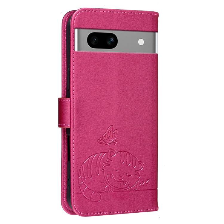 For Google Pixel 7a Cat Butterfly Embossed RFID Vegan Leather Phone Case with Strap