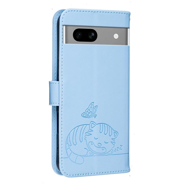 For Google Pixel 7a Cat Butterfly Embossed RFID Vegan Leather Phone Case with Strap