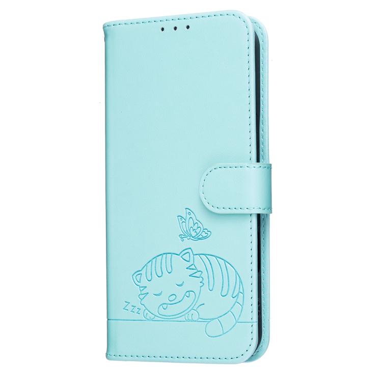 For Google Pixel 7a Cat Butterfly Embossed RFID Vegan Leather Phone Case with Strap