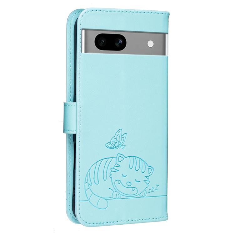 For Google Pixel 7a Cat Butterfly Embossed RFID Vegan Leather Phone Case with Strap