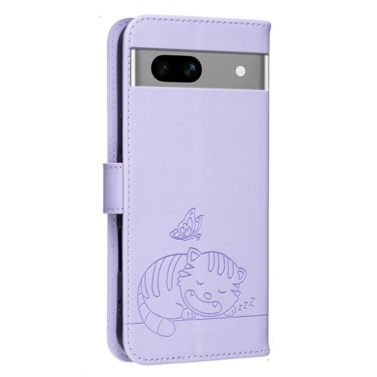 For Google Pixel 7a Cat Butterfly Embossed RFID Vegan Leather Phone Case with Strap