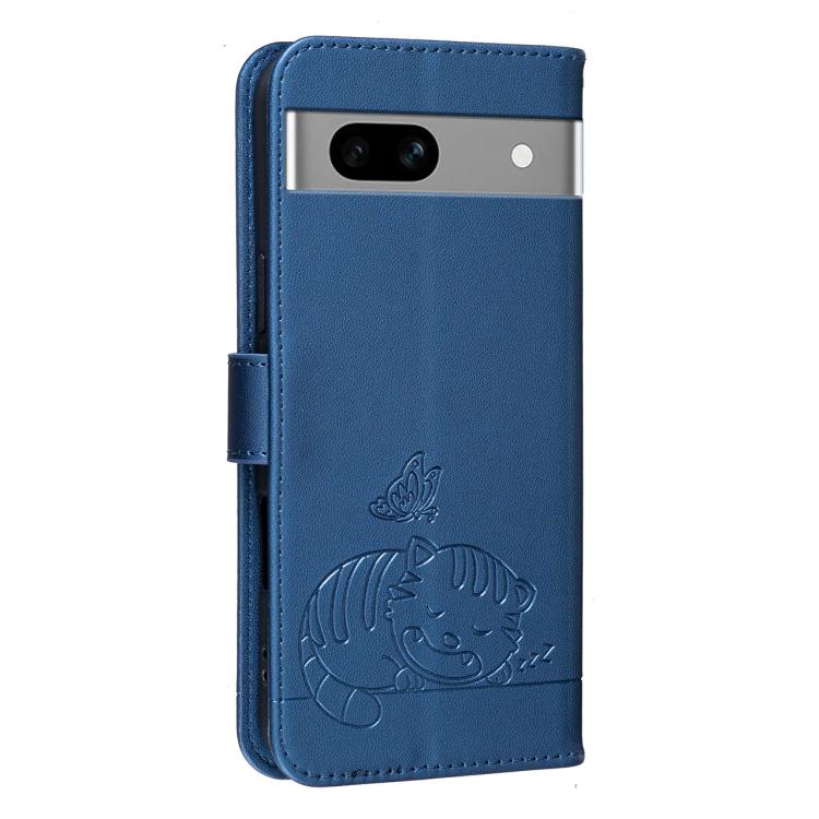 For Google Pixel 7a Cat Butterfly Embossed RFID Vegan Leather Phone Case with Strap