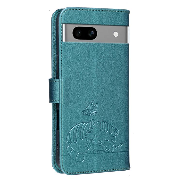 For Google Pixel 7a Cat Butterfly Embossed RFID Vegan Leather Phone Case with Strap