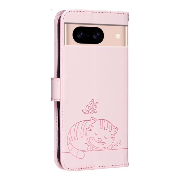 For Google Pixel 8a Cat Butterfly Embossed RFID Vegan Leather Phone Case with Strap