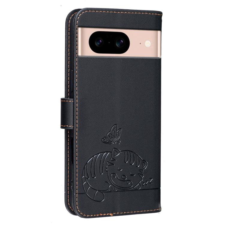 For Google Pixel 8a Cat Butterfly Embossed RFID Vegan Leather Phone Case with Strap
