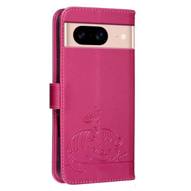 For Google Pixel 8a Cat Butterfly Embossed RFID Vegan Leather Phone Case with Strap