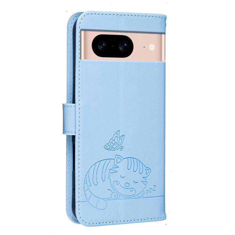 For Google Pixel 8a Cat Butterfly Embossed RFID Vegan Leather Phone Case with Strap