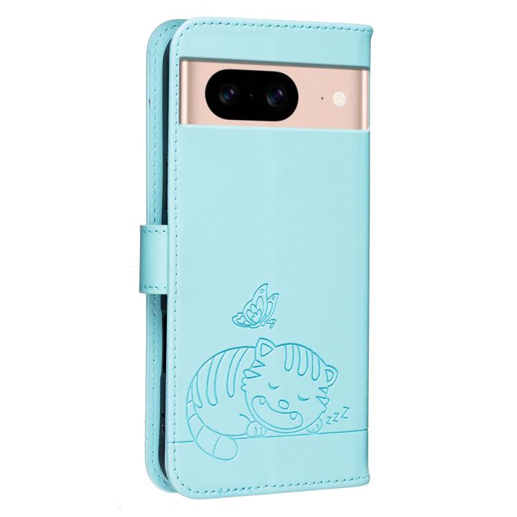 For Google Pixel 8a Cat Butterfly Embossed RFID Vegan Leather Phone Case with Strap