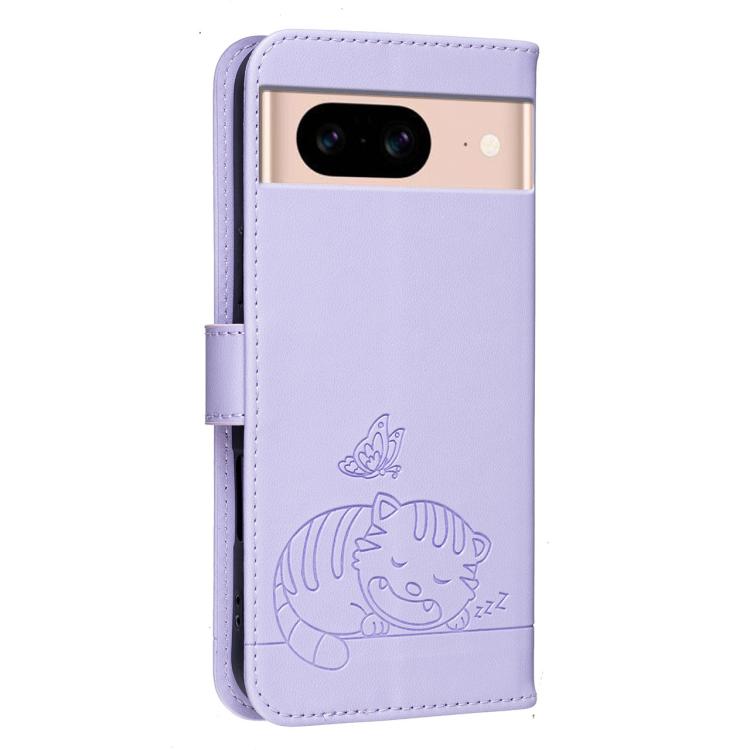 For Google Pixel 8a Cat Butterfly Embossed RFID Vegan Leather Phone Case with Strap