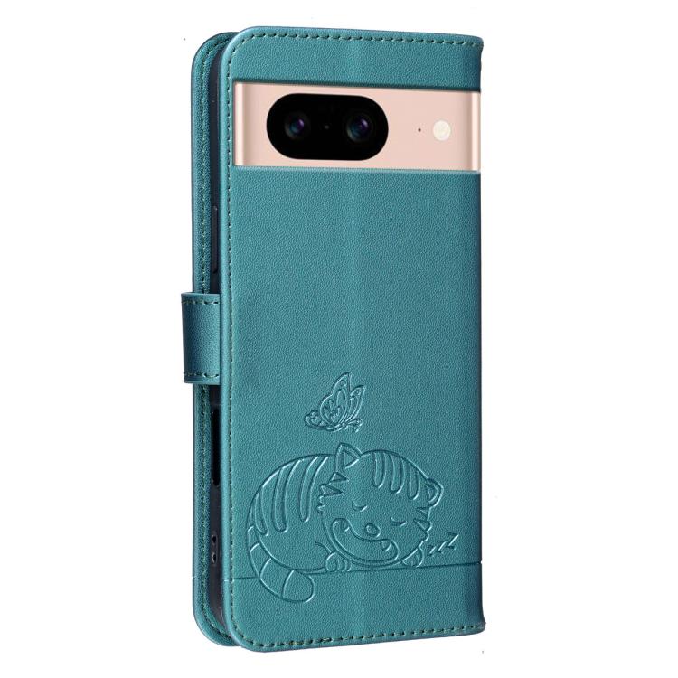 For Google Pixel 8a Cat Butterfly Embossed RFID Vegan Leather Phone Case with Strap