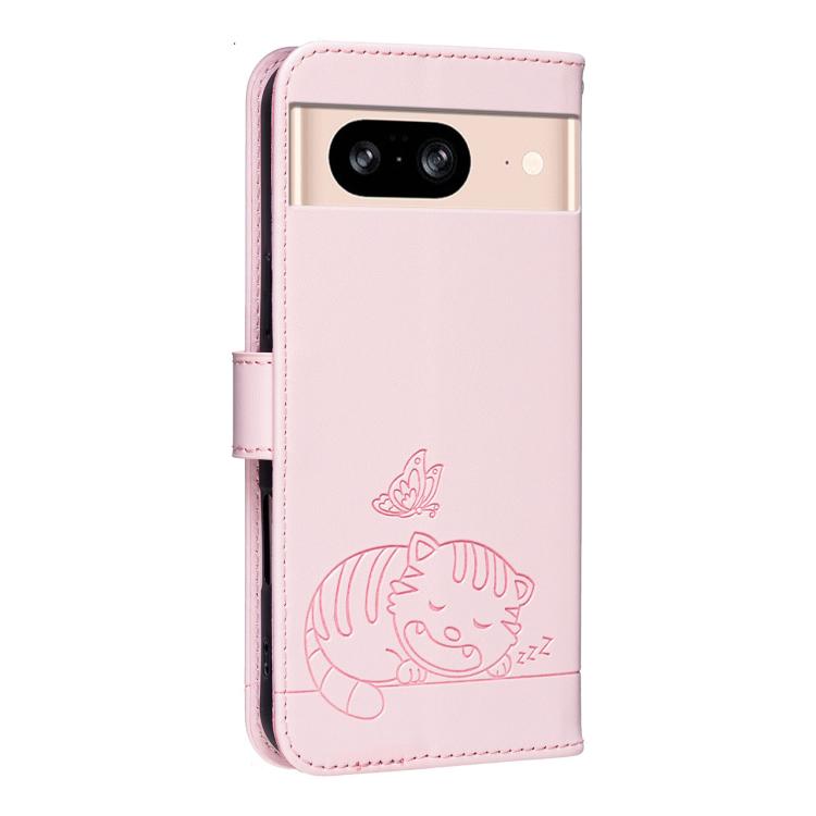 For Google Pixel 8 Cat Butterfly Embossed RFID Vegan Leather Phone Case with Strap