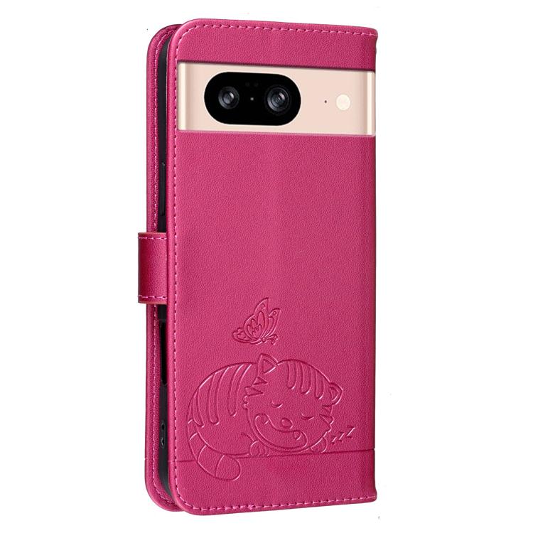 For Google Pixel 8 Cat Butterfly Embossed RFID Vegan Leather Phone Case with Strap