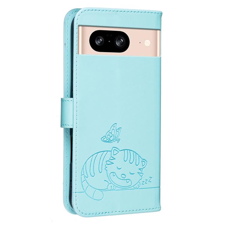 For Google Pixel 8 Cat Butterfly Embossed RFID Vegan Leather Phone Case with Strap