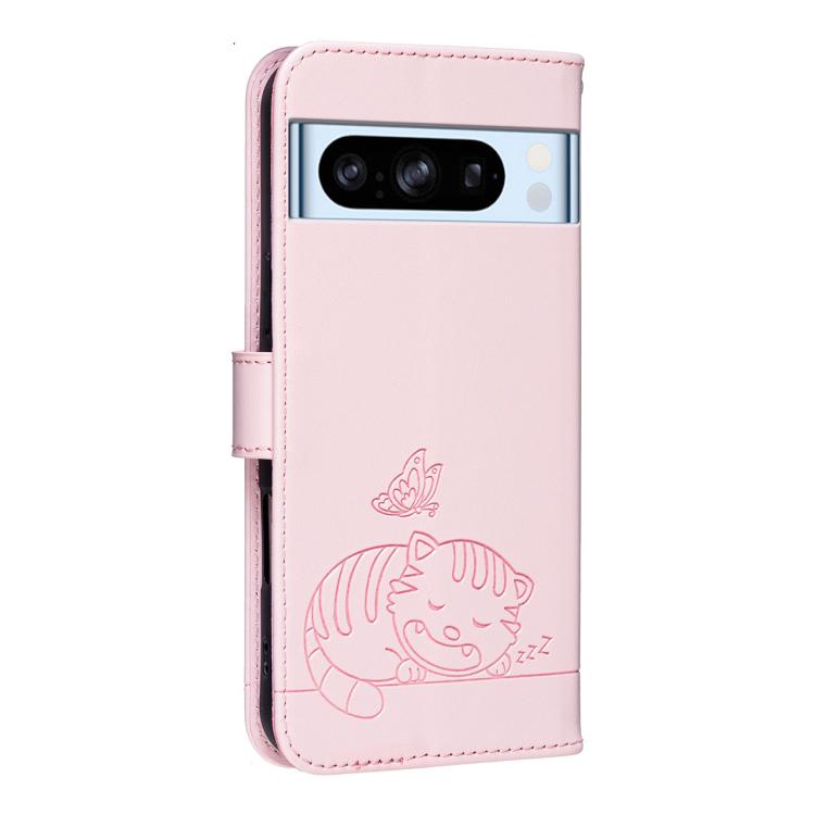 For Google Pixel 8 Pro Cat Butterfly Embossed RFID Vegan Leather Phone Case with Strap