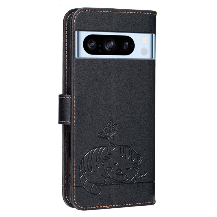For Google Pixel 8 Pro Cat Butterfly Embossed RFID Vegan Leather Phone Case with Strap