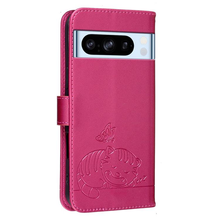 For Google Pixel 8 Pro Cat Butterfly Embossed RFID Vegan Leather Phone Case with Strap