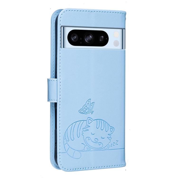 For Google Pixel 8 Pro Cat Butterfly Embossed RFID Vegan Leather Phone Case with Strap
