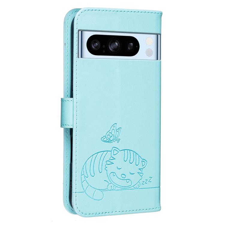 For Google Pixel 8 Pro Cat Butterfly Embossed RFID Vegan Leather Phone Case with Strap