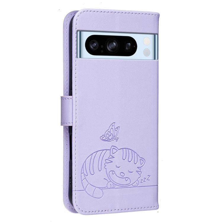 For Google Pixel 8 Pro Cat Butterfly Embossed RFID Vegan Leather Phone Case with Strap
