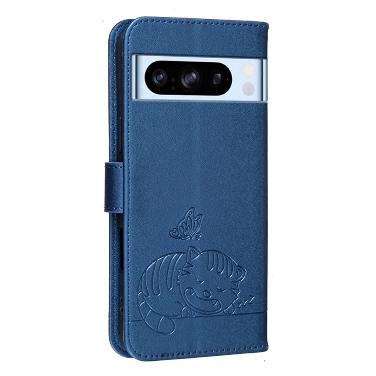 For Google Pixel 8 Pro Cat Butterfly Embossed RFID Vegan Leather Phone Case with Strap