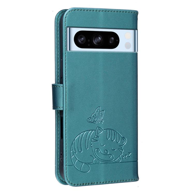 For Google Pixel 8 Pro Cat Butterfly Embossed RFID Vegan Leather Phone Case with Strap
