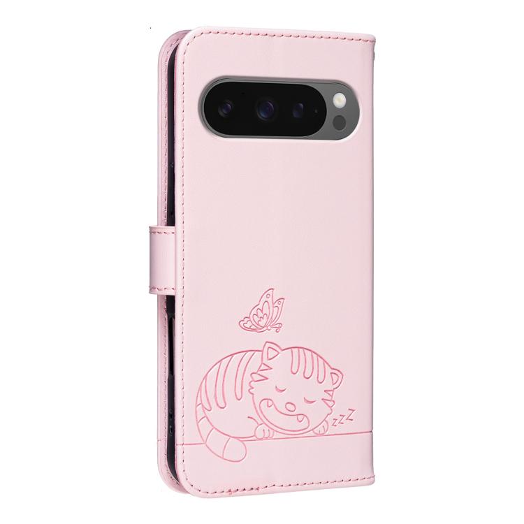 For Google Pixel 10 / 10 Pro / 9 Pro Cat Butterfly Embossed RFID Vegan Leather Phone Case with Strap