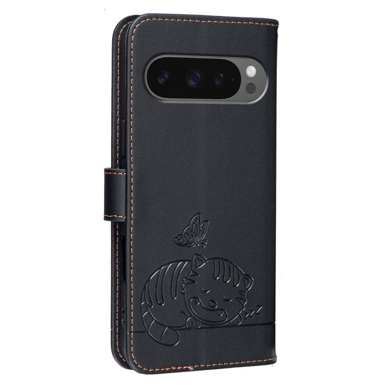 For Google Pixel 10 / 10 Pro / 9 Pro Cat Butterfly Embossed RFID Vegan Leather Phone Case with Strap