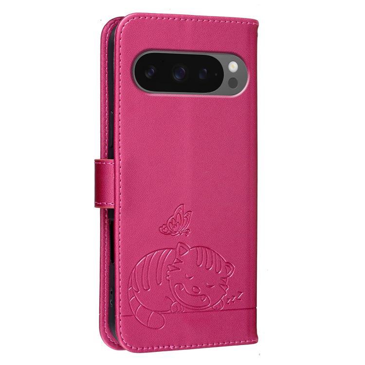 For Google Pixel 10 / 10 Pro / 9 Pro Cat Butterfly Embossed RFID Vegan Leather Phone Case with Strap