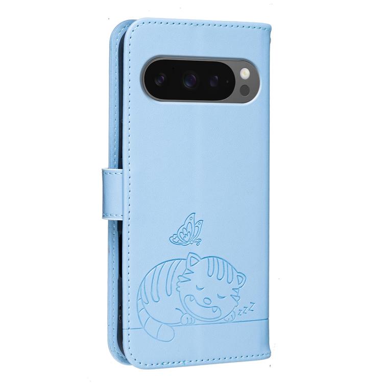 For Google Pixel 10 / 10 Pro / 9 Pro Cat Butterfly Embossed RFID Vegan Leather Phone Case with Strap