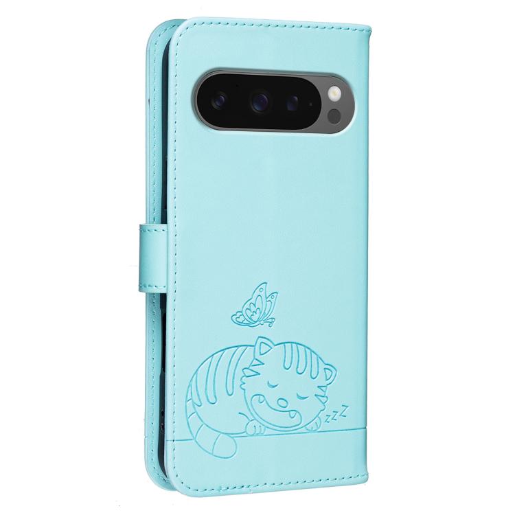For Google Pixel 10 / 10 Pro / 9 Pro Cat Butterfly Embossed RFID Vegan Leather Phone Case with Strap