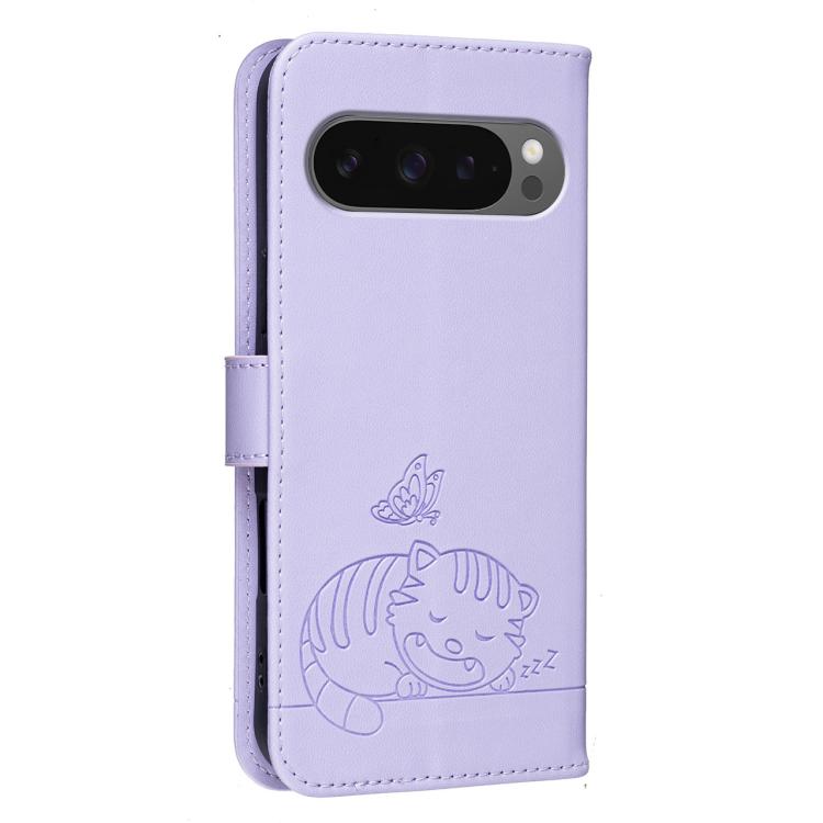 For Google Pixel 10 / 10 Pro / 9 Pro Cat Butterfly Embossed RFID Vegan Leather Phone Case with Strap