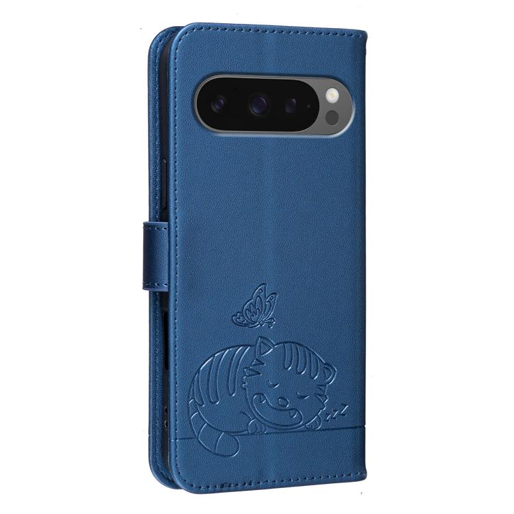 For Google Pixel 10 / 10 Pro / 9 Pro Cat Butterfly Embossed RFID Vegan Leather Phone Case with Strap