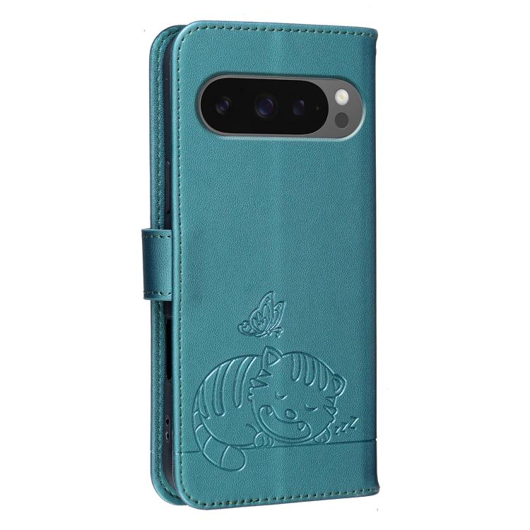 For Google Pixel 10 / 10 Pro / 9 Pro Cat Butterfly Embossed RFID Vegan Leather Phone Case with Strap