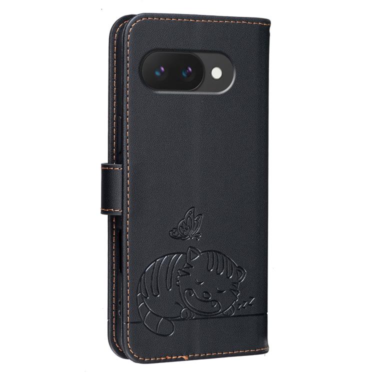For Google Pixel 9a Cat Butterfly Embossed RFID Vegan Leather Phone Case with Strap