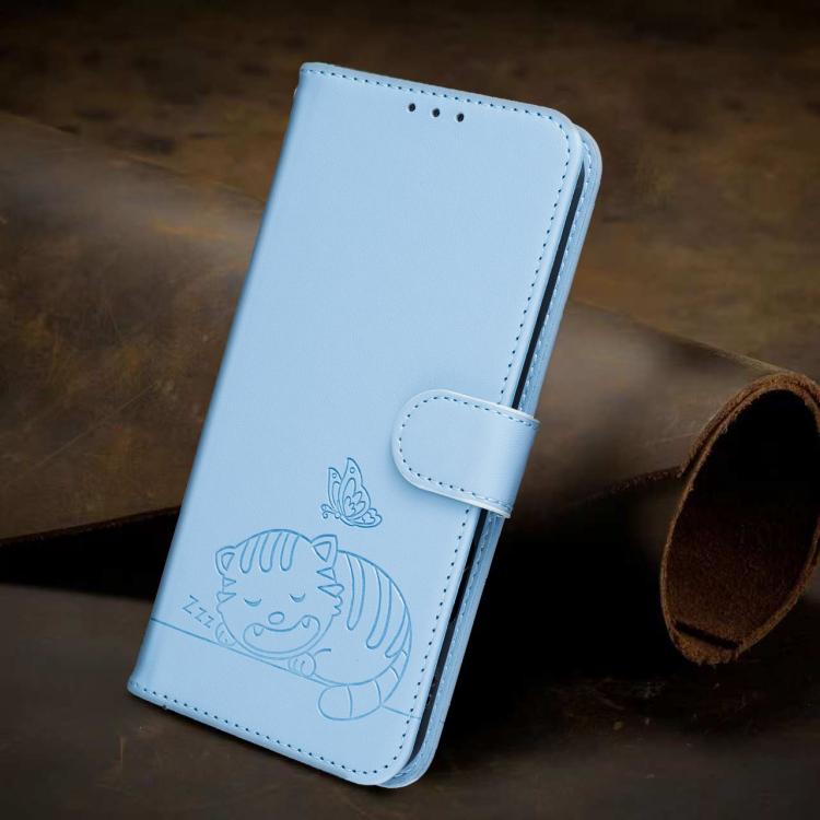 For Google Pixel 9a Cat Butterfly Embossed RFID Vegan Leather Phone Case with Strap