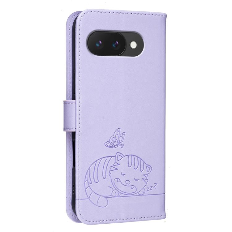 For Google Pixel 9a Cat Butterfly Embossed RFID Vegan Leather Phone Case with Strap