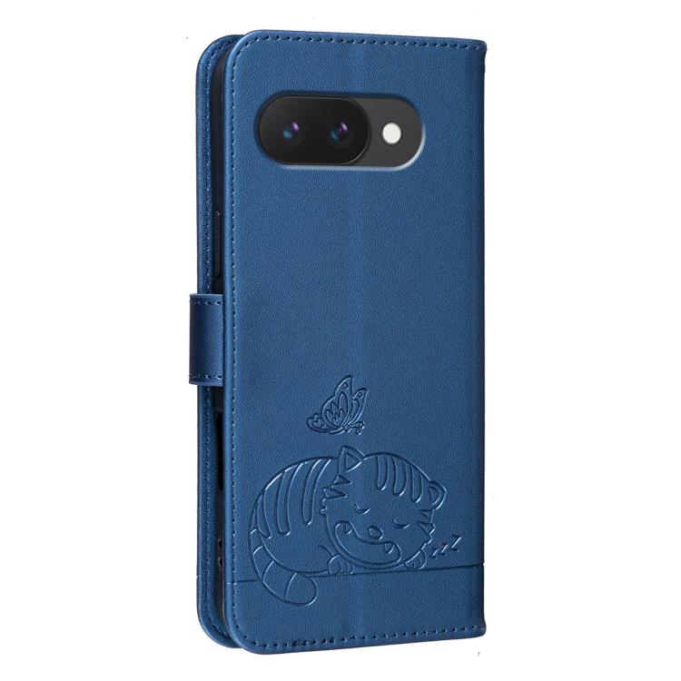 For Google Pixel 9a Cat Butterfly Embossed RFID Vegan Leather Phone Case with Strap