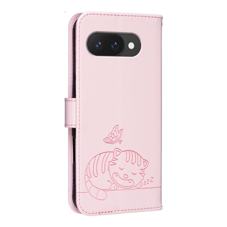 For Google Pixel 10a Cat Butterfly Embossed RFID Vegan Leather Phone Case with Strap