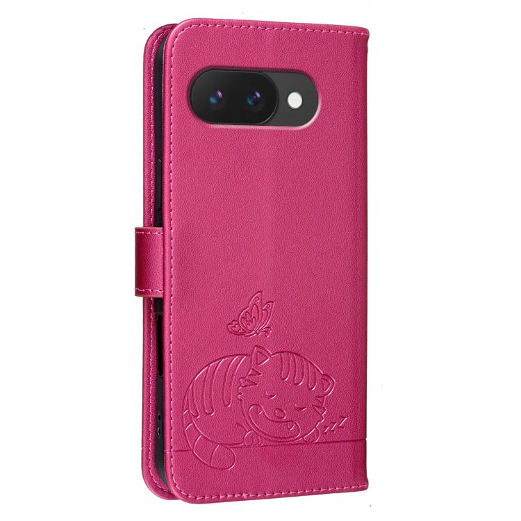 For Google Pixel 10a Cat Butterfly Embossed RFID Vegan Leather Phone Case with Strap