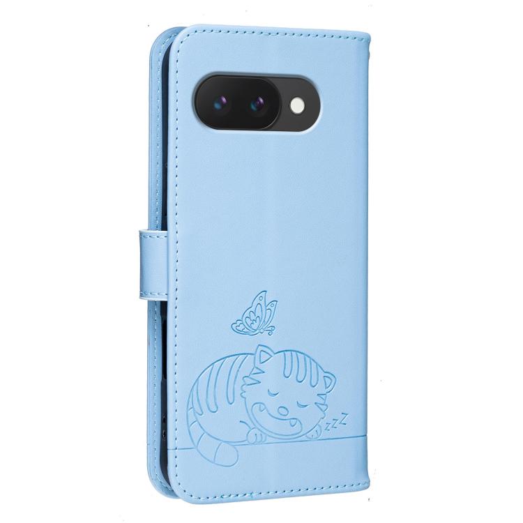 For Google Pixel 10a Cat Butterfly Embossed RFID Vegan Leather Phone Case with Strap