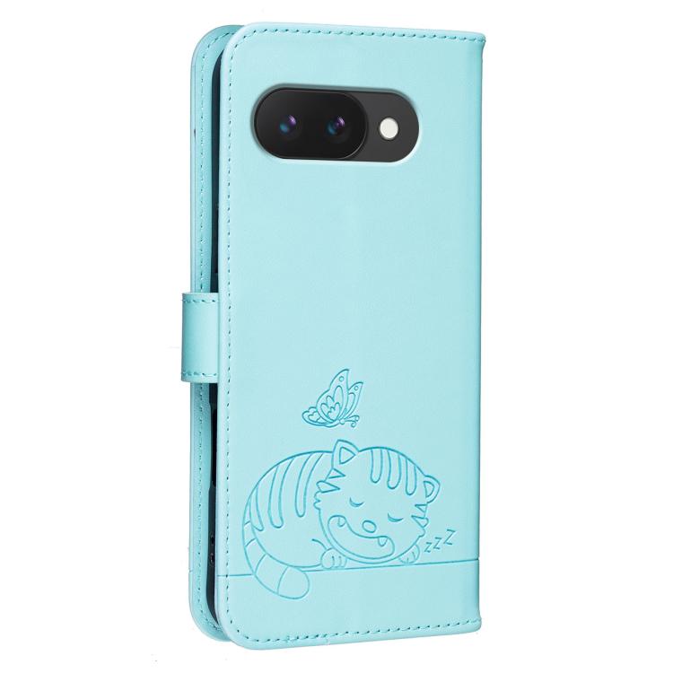 For Google Pixel 10a Cat Butterfly Embossed RFID Vegan Leather Phone Case with Strap
